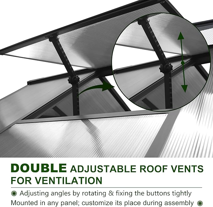 8x16 FT Polycarbonate Aluminum Greenhouse Kit, Outdoor Walk-in Green House with Adjustable Roof Vents and Lockable Door, Backyard Garden in Winter, Gray