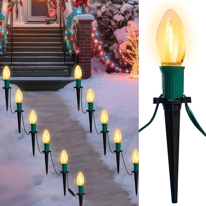 Joiedomi 30.75FT C9 Christmas Pathway Stake Lights 24 LED Jumbo Bulbs, Warm White Outdoor Walkway Decor with Green Wire Connectable for Holiday Commercial Xmas Yard Garden Lawn