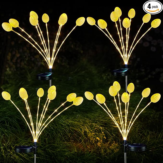 WBao Solar Easter Decorations Outdoor, 4 Packs Easter Egg Pathway Lights with Stainless Steel Stakes, 2 Modes, Waterproof, Growing Stem Easter Egg Lights for Garden Patio Yard Easter Décor, WarmWhite