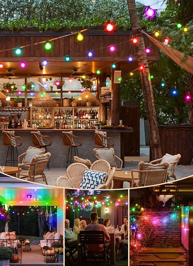 Brightown RGBW Outdoor String Lights, 58FT LED Patio Lights with Remote and Timer, Commercial Grade Waterproof Hanging Lights with 27 Shatterproof Bulbs(2 Spare) for Backyard Porch Garden Party Decor