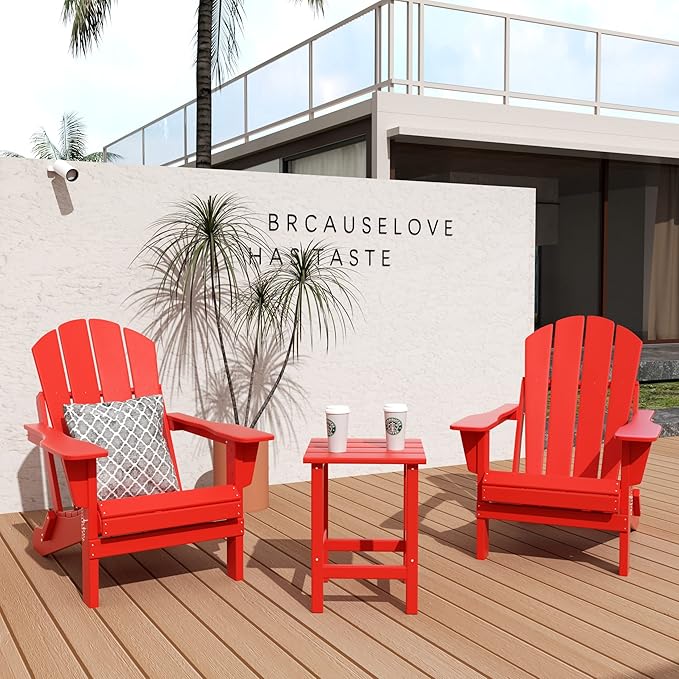 WO Home Furniture Adirondack Chairs Table Set of 3 PCS Outdoor Folding Chairs Side End Table Weather/UV Resistant for Lawn, Garden, Bon Fire, Balcony (Red)