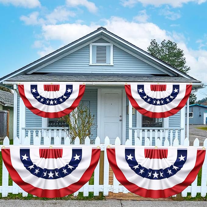 3x6 Ft 4 Pack American Pleated Bunting Fan Flags, Patriotic Half Fan Banner American Flag Decoration Bunting for Outside Red White and Blue Decor Independence Day Memorial Day 4th of july Decorations