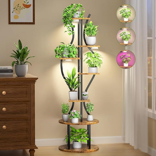 Plant Stand Indoor with Grow Lights, 7 Tier Tall Metal Plant Shelf for Multiple Plants, 55″ Lighted Plants Shelves Corner Flower Holder, Vase Shape Plant Display Rack for Home Living Room Patio