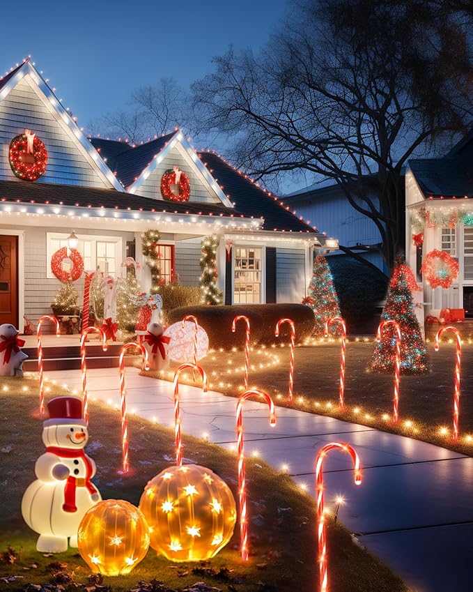 Luditek 24.5 inch Christmas Candy Cane Pathway Markers Set of 12 Christmas Outdoor Outside Decorations Lights 8 Blinking Modes Indoor Holiday Xmas Yard Patio Garden Walkway Decor