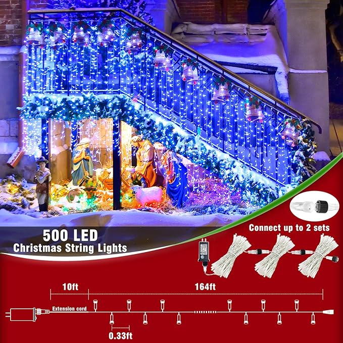 500 LED Christmas Lights Outdoor - 165FT Super Long Christmas String Lights 8 Modes Waterproof Plug in Fairy Lights with Timer Memory for Indoor Xmas Tree Holiday Party House Decorations, Blue