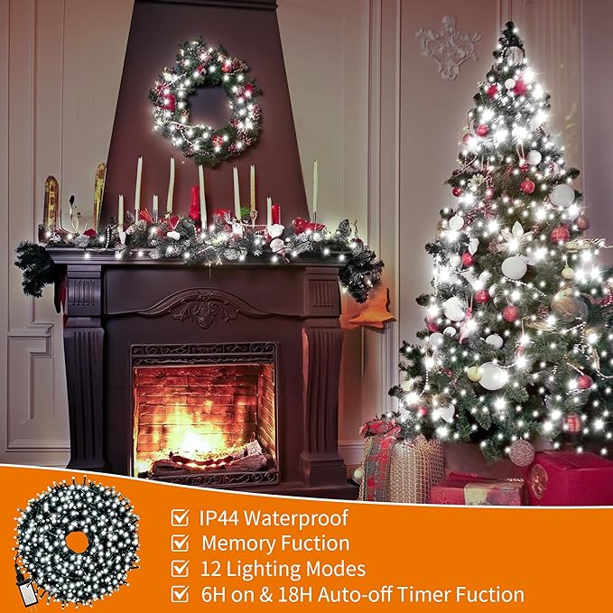 Christmas Tree Light 200 LEDs 73ft Green Cable Wire Fairy String Twinkle Lights Plug in 12 Modes for Xmas Party, Outdoor, Garden, Wedding, Home Decoration (White)