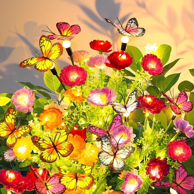 Solar Garden Lights, 3 Pack Swaying Solar Lights with 9 Butterflies & 21 Blooming Flowers, Solar Flowers Lights Outdoor Waterproof, Auto On/Off Solar Outdoor Lights for Yard Patio, Gift