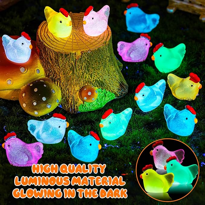 128PCS Luminous Mini Resin Chickens Miniature Animals, Tiny Chickens Miniature Figurines Glow in The Dark for Micro Garden, Potted Plant, DIY, Home Outdoor Party Decor (8 Colors)