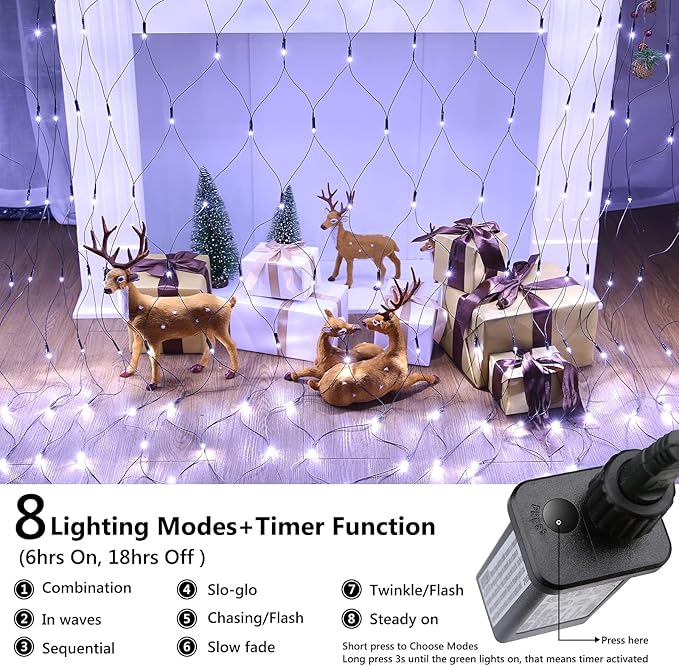 LYHOPE 12ft x 5ft 360 LED Christmas Net Lights, 8 Modes Low Voltage Green Wire Mesh Christmas Decorations Lights for Xmas Trees, Bushes, Wedding, Garden, Outdoor, Indoor Decor (Clear White)