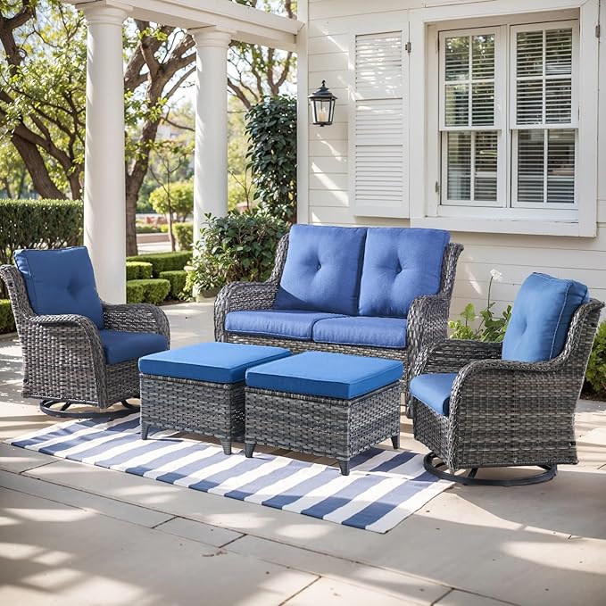 Outdoor Wicker Patio Furniture Set - 5 Piece Rattan Patio Conversation Set with 2 Rocking Swivel Chairs,2 Ottomans and 1 Loveseat for Porch Deck Backyard Garden(Mixed Grey/Blue)