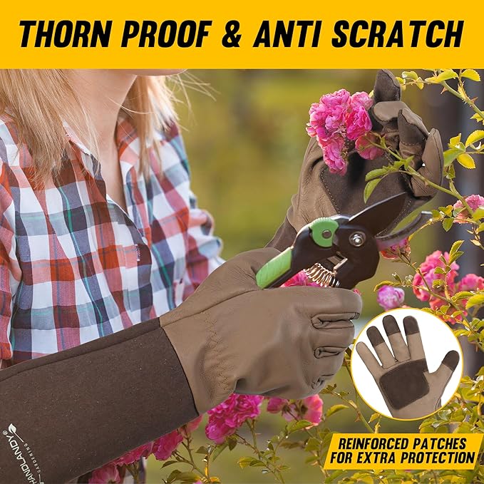 HANDLANDY Long Gardening Gloves for Men & Women, Cowhide Leather Rose Pruning Gloves- Breathable & Durable Gauntlet Glove (Medium, Brown)