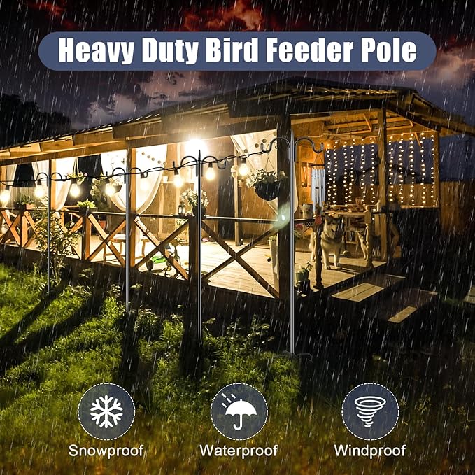 Gtongoko Bird Feeder Pole Squirrel Proof, 92 Inch Double Shepherds Hook for Outdoor with Squirrel Baffles Adjustable Heavy Duty with 5 Prongs Base for Hanging Plants, Bird Feeders, Black