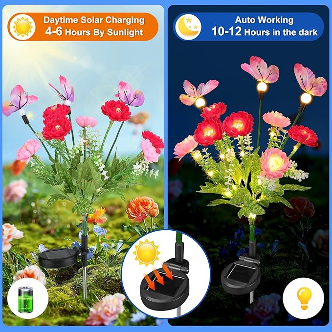Solar Garden Lights,Solar Lights Outdoor Waterproof with Butterfly Flower,2 Pack Solar Powered Outdoor Lights,Solar Lights for Outside,Garden Lights Patio Yard Decor,Gifts for Mothers Day Mom Women