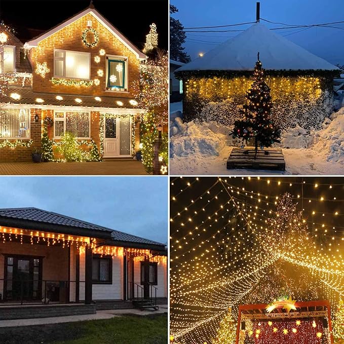 YASENN 300Led Icicle Style String Lights 29.5FT,Update Connectable 8 Lighting Modes with Timer Icicle Lights for Home Garden Outdoor Indoor Eave Decor (Warm White LED White Cable)