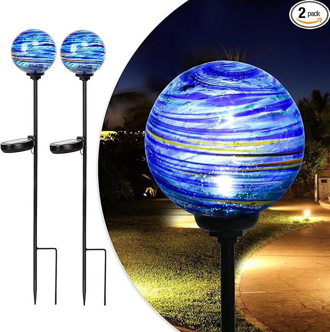 Solar Outdoor Decorative Lights Color Swirl Solar Garden Stake Glaze Glass LED Solar Garden Globe Lights Outdoor Decorative Lights for Pathway Yard Lawn Decoration 2 Pack Blue
