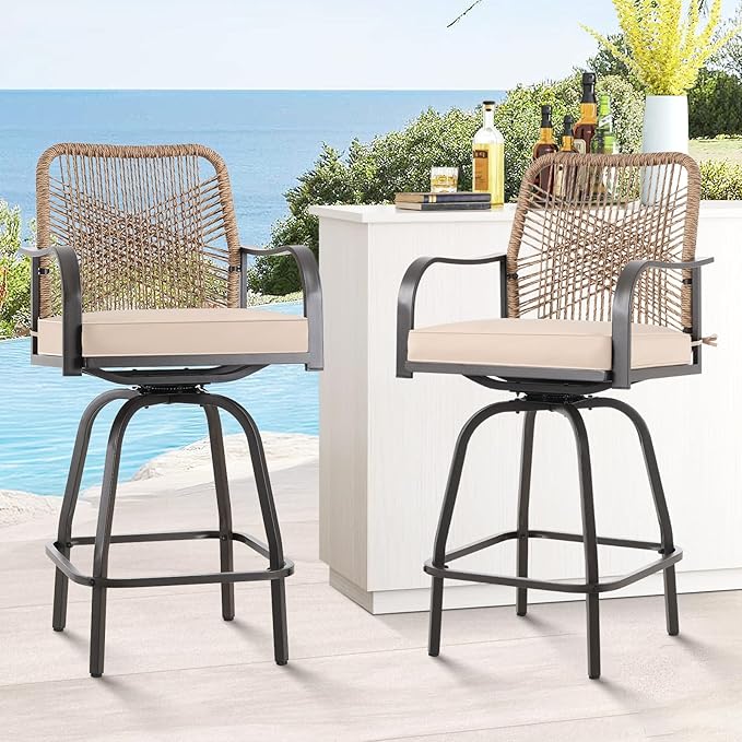 Outdoor Bar Stools Set of 2, Patio Swivel Counter Height Rattan Bar Stools, Patio Wicker Bar Swivel Chairs with Cushion, Outdoor Pool Bar Chairs for Backyard Garden Balcony w /360 Rotation