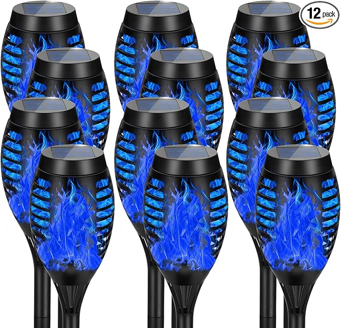 12 Pack Solar Torch Lights Outdoor Waterproof - Blue Flickering Flame, Outdoor Solar Garden Lights for Yard, Tiki Torches for Outside Patio Pathway Decorations