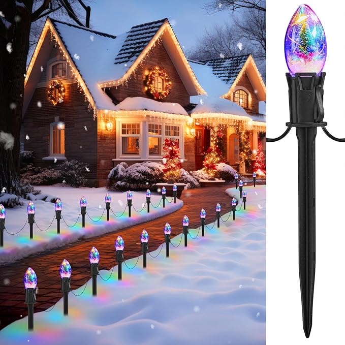 C9 Christmas Pathway Lights Outdoor, 45FT 40 LED Christmas String Lights with Stakes, 4 Light Modes, Waterproof Connectable Christmas Decorations for Outside Lawn Yard Sidewalk Driveway, Multicolor