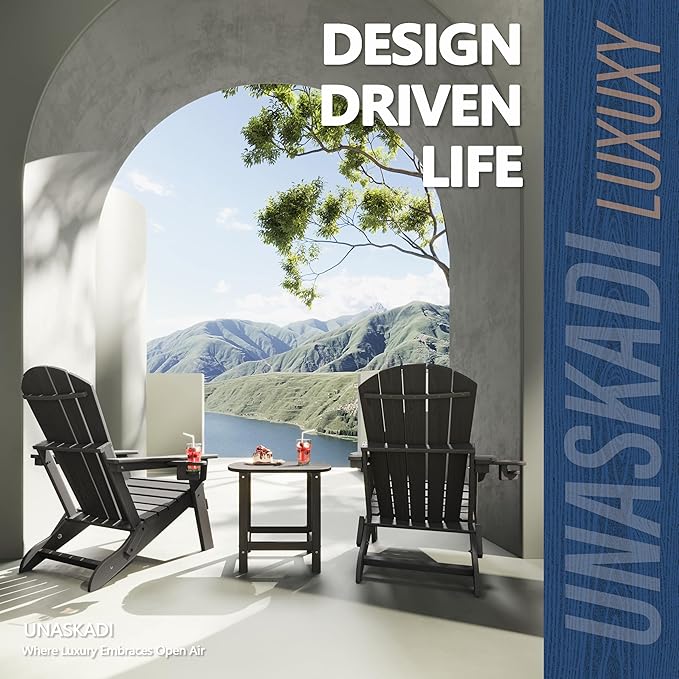 Folding Adirondack Chair Set of 4 with Cup Holder, HDPE All Weather Resistant Plastic Outdoor Patio Chairs, Heavy Duty Fire Pit Seating for Backyard Lawn Garden, Wooden Textured Design(Gray)