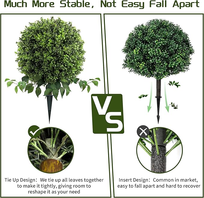 28" Artificial Boxwood Ball Bush, UV Resistant Topiary Tree Faux Boxwood Ball Shaped Porch Bushes with Ground Spike Artificial Bushes for Outdoors Front Door Decor Home Garden
