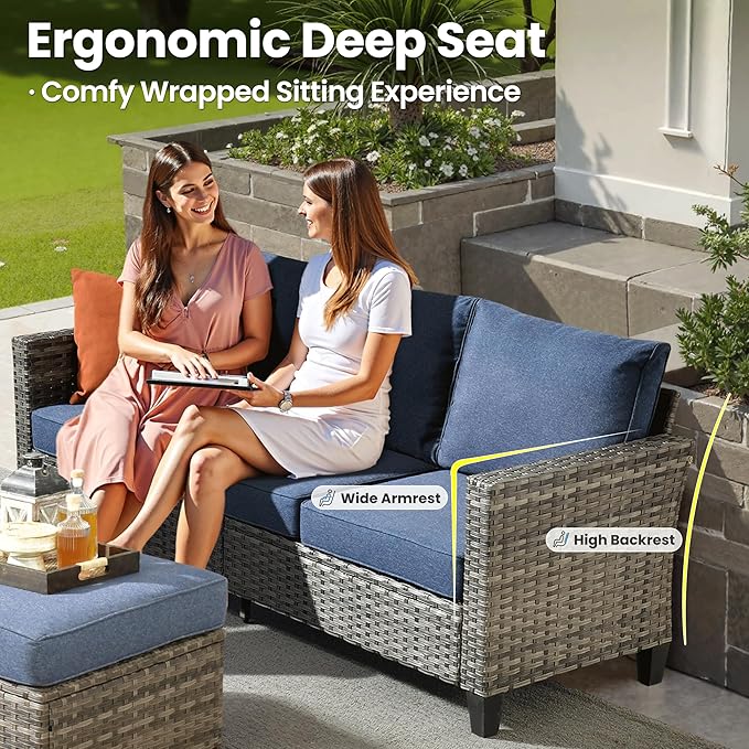 ovios 6 Pieces Patio Furniture Set with 54" Fire Pit Table, Outdoor Wicker Sofa with Comfy Cushions, All Weather High Back Rattan Couch Conversation Set, Denim Blue