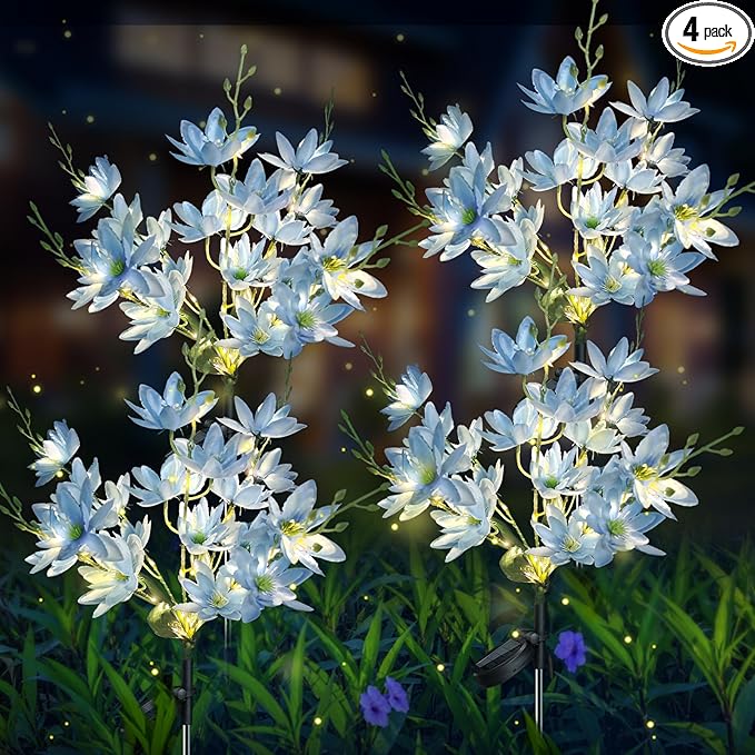 Neporal Solar Flowers Outdoor Waterproof IP65, 5-Head Snow Lotus with 20+ Flowers, Warm LED Light & 2 Lighting Modes, Decorative Solar Lights Outdoor Garden, Yard, Pathway, Flower Bed (4-Pack, Blue)