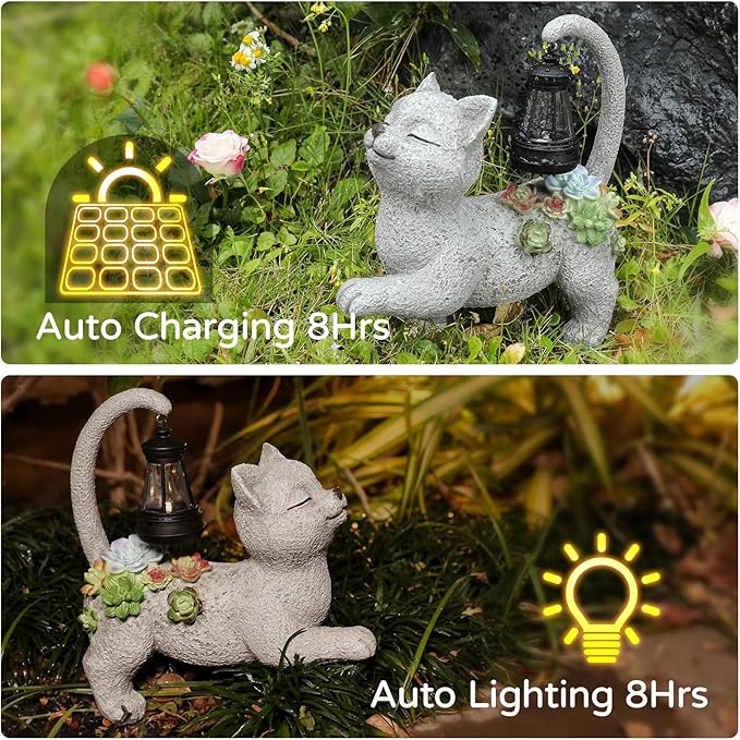 Solar Garden Outdoor Statues Cat with Succulent Solar Lantern, Lawn Decor Kitten Figurine for Patio Balcony Yard, Yard Unique Christmas Birthdays Gift for Mom Grandma