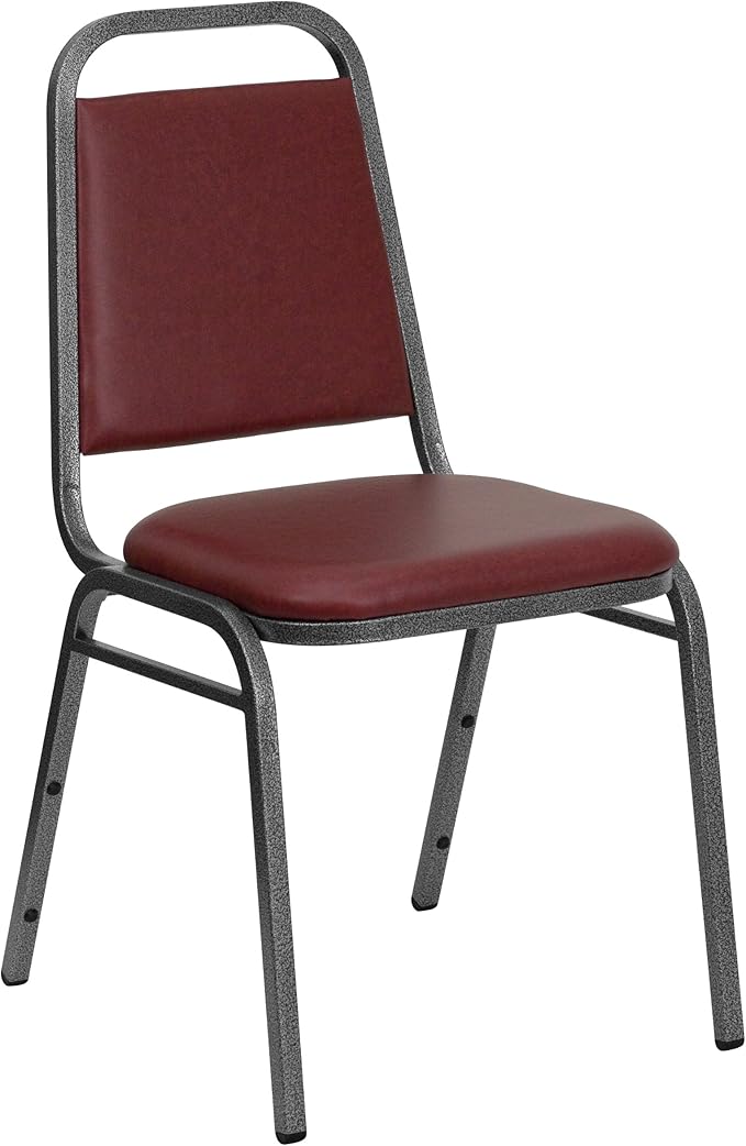EMMA + OLIVER Trapezoidal Back Vinyl Stackable Banquet Chair, Multipurpose Stacking Chair with Padded Seat and Back, Burgundy/Silver