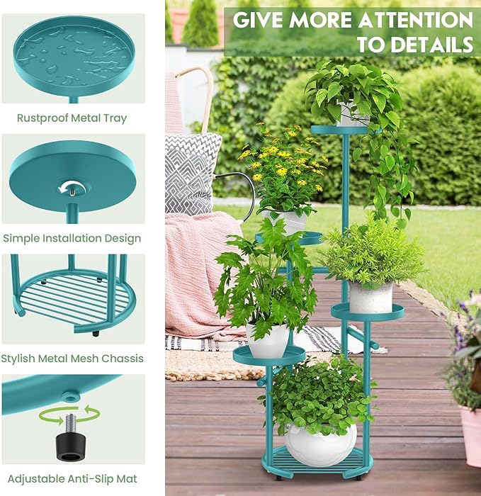 TOSKING 5 Tier Metal Plant Stand Indoor， Plant Shelf, Corner Shelf Flower Pot Stand for Outdoor Plant Stand for Living Room Balcony Garden Patio Bedroom (Blue, 38in)