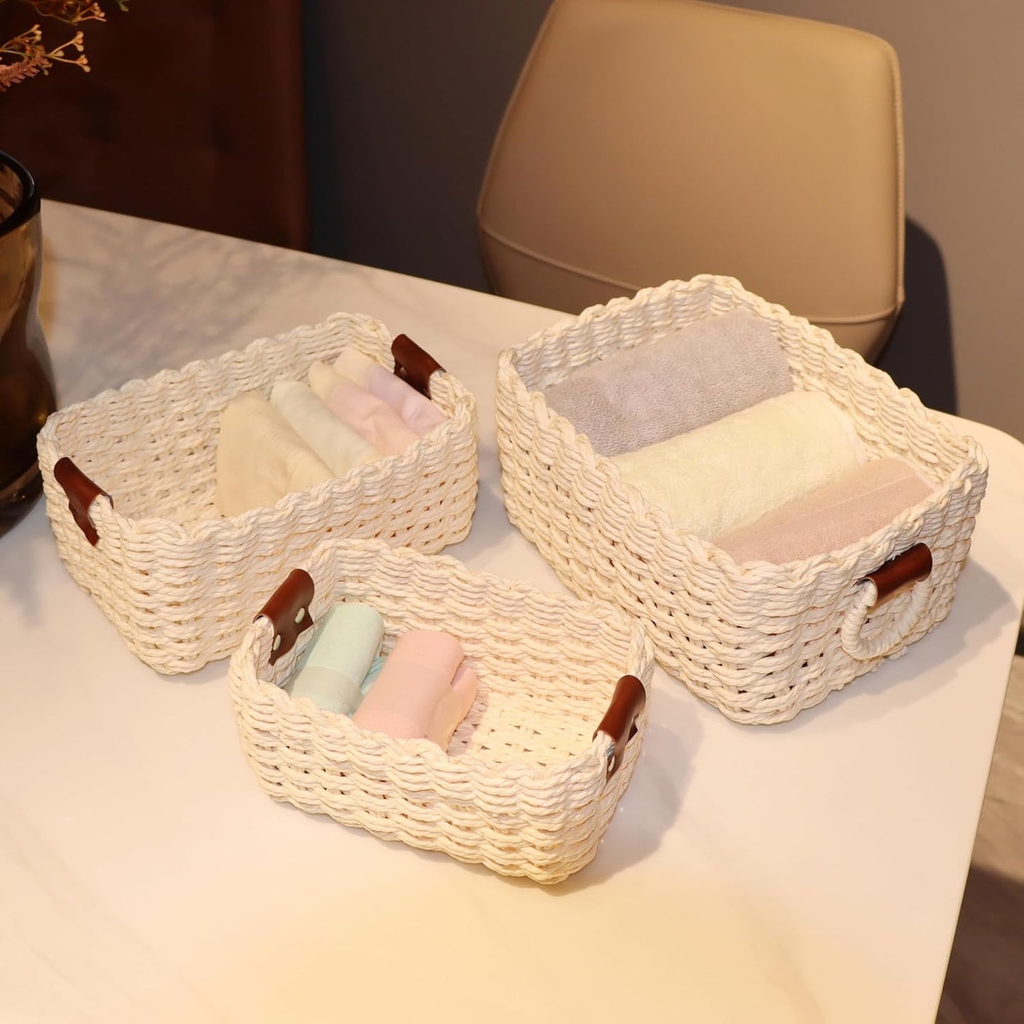 Small baskets for Organizing,Cute woven Storage basket with recycled paper rope for Shelves Bathroom,Little decorative basket,Set of 3 (Beige)