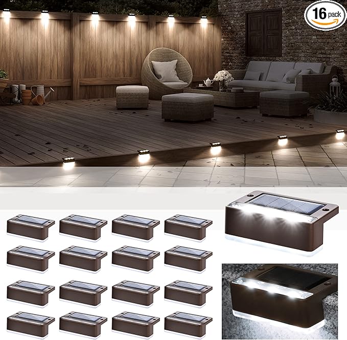 SOLPEX Solar Fence Lights, 6 LEDs Solar Lights Outdoor Waterproof Solar Powered for Deck, Stair, Front Porch, Balcony, Walkway, Garden, Yard, Patio, Pool Decor, IP65 Waterproof (16 Pack, Cold White)