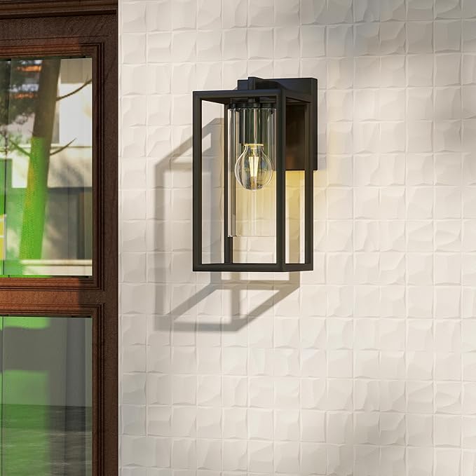 Pia Ricco Outdoor Wall Lights, Outdoor Wall Lantern with Circular Clear Glass Shade, Waterproof Exterior Lighting Fixtures, Modern Front Porch Lighting for House, Garage, E26 Base, ETL Listed, Black