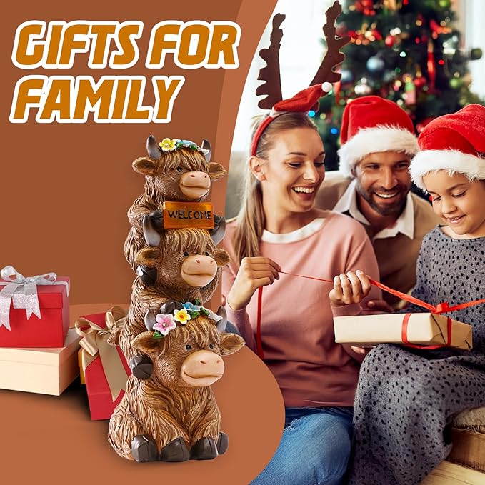 Garden Highland Cow Statue Solar Outdoor Decor with Flower Decoration Funny Triple Highland Cow Decor Birthday Gifts for Women Mom Highland Cows Figurine for Yard Garden Patio Lawn Ornaments