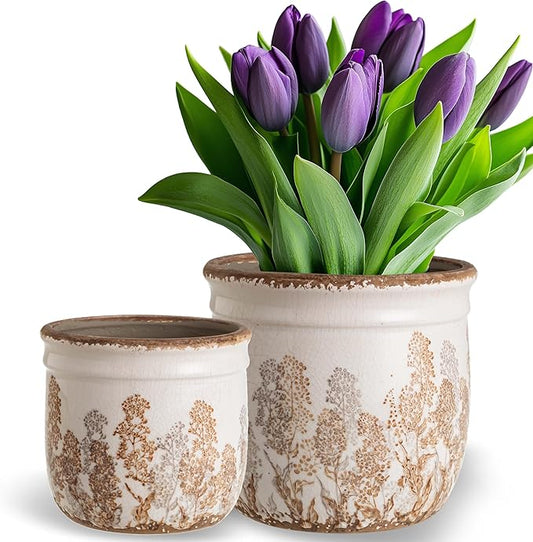 Set of 2 Ceramic Planters for Indoor Plants, 4.7+5.7 Inch Vintage Flower Pots without Drainage Hole, Rustic Brown Planter Set, Decorative Plant Pots for Indoor Plants, Home Decor, Living Room, Office