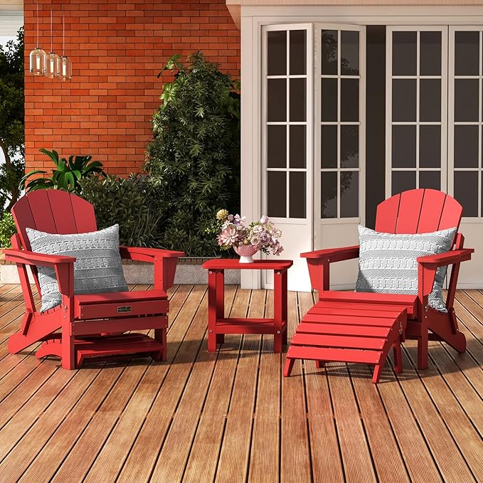 SERWALL Folding Adirondack Footrest, All Weather Adirondack Ottoman Without Assembly, Red