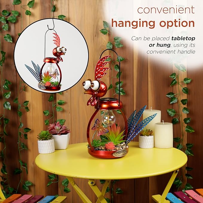 Alpine Corporation LYT286SLR-HH Solar-Powered Metal Rooster w/Garden Enclosed LED Light Decor, Solar Patio Decor, 16''H, Red