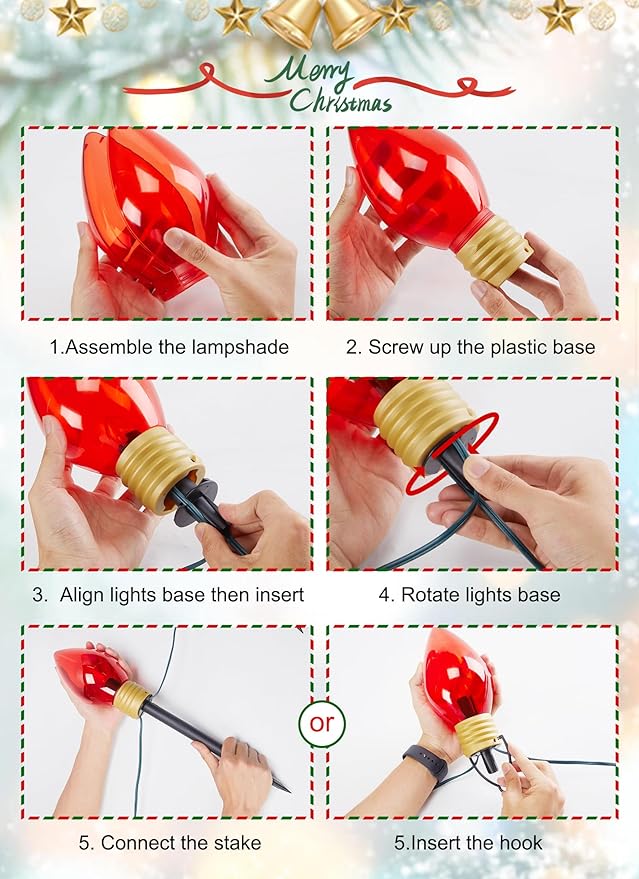 2 Pack Jumbo C9 Christmas Pathway Lights Outdoor Decorations Lawn with Stakes,Tota 17Ft 10 LED String Lights Covered Jumbo Multicolored Walkway Lights Bulb for Holiday Outside Yard Garden Decor