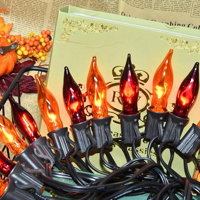 27.78 FT Halloween Ligths, C7 Clear Orange and Purple Flickering Flame String Lights Outdoor, E12 Screw Base, Flame String Lights for Halloween Indoor Outdoor Roofline Garden Patio Party Decorations