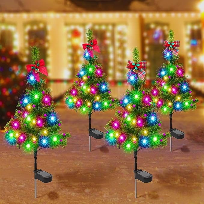 Libima 4 Pcs Solar Christmas Tree Garden Stake Lights Solar Outdoor 30 Inch Waterproof 80 LED Landscape Lights with 4 Bows 100 Artificial Berries and Ribbon for Xmas Decor Party Yard Patio Pathway