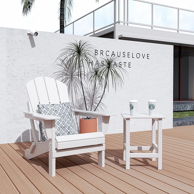 WO Home Furniture Adirondack Chair Table Set of 2 PCS Outdoor Folding Chair w Side Table Weather/UV Resistant for Lawn, Garden, Bon Fire, Balcony (White)