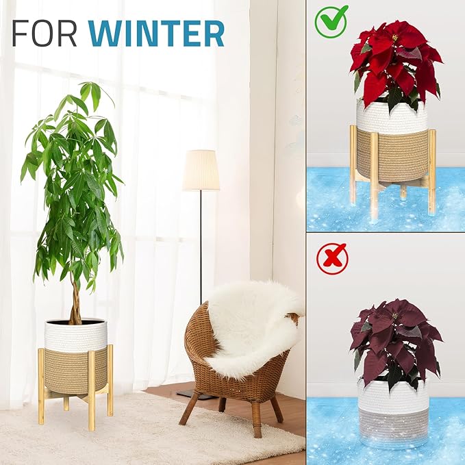 PAULINN Plant Basket with Stand 11" x 11", Woven Basket with Bamboo Plant Stand, for Indoor Plant, Fits Up to 10 Inch Plant Pots, White and Beige