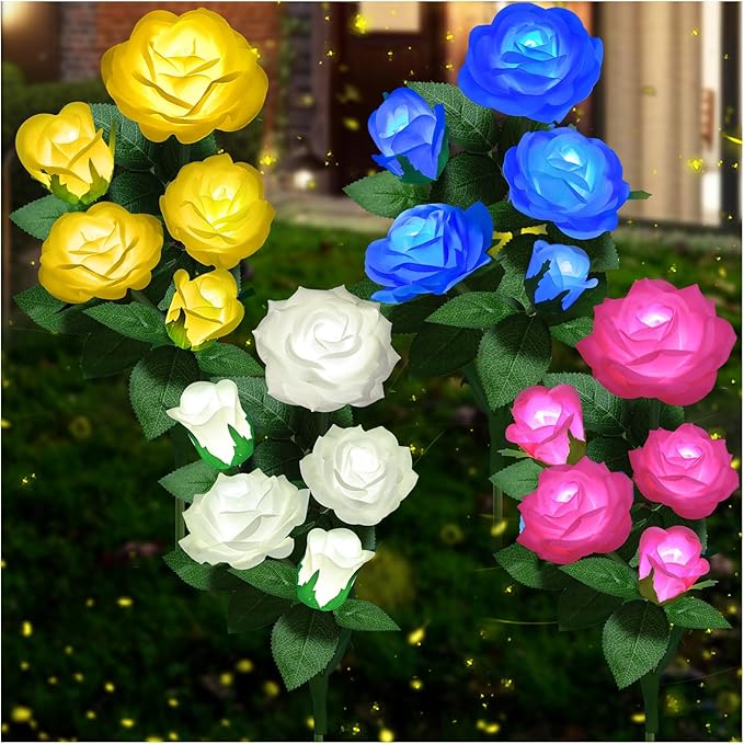Solar Flower Lights Outdoor - Upgraded New Material Two Modes Realistic LED Solar Powered Waterproof Lights with 5 Roses, Solar Decorative Stake Lights for Garden (Multicolor, 4 Pack)