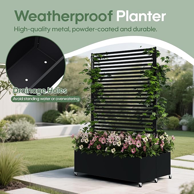 Double Metal Planter Box with Trellis Privacy Screen, Raised Garden Bed with Trellis & Wheels, Planter Box Outdoor with Drainage Holes for Climbing Plants, Vegetable, Vines,73"x 47"x 30", Black