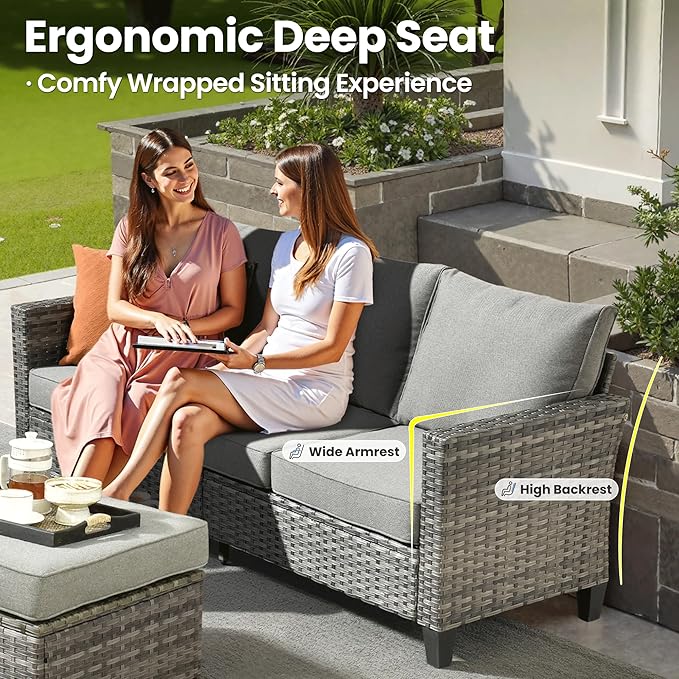 ovios 6 Pieces Patio Furniture Set with 54" Fire Pit Table, Outdoor Wicker Sofa with Comfy Cushions, All Weather High Back Rattan Couch Conversation Set, Dark Grey