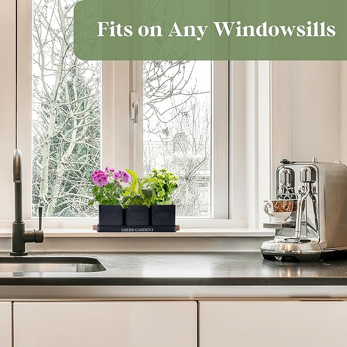 PERFNIQUE Indoor Herb Garden, Herb Garden Planter Set with Tray, Farmhouse Indoor Plant Pots, Windowsill Herb Garden with Drainage(Planter only) for Indoor/Outdoor, Window Pots(Matte Black)