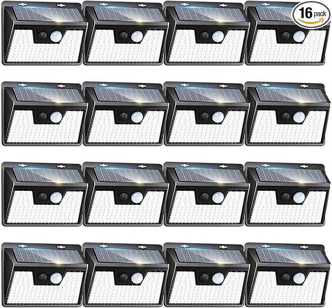 Peasur Solar Powered Lights Outdoor, 140LED 16Pack Motion Sensor Light Outside, IP65 Waterproof Fence Security Lighting with 3 Modes for Yard Wall Garden Cool White