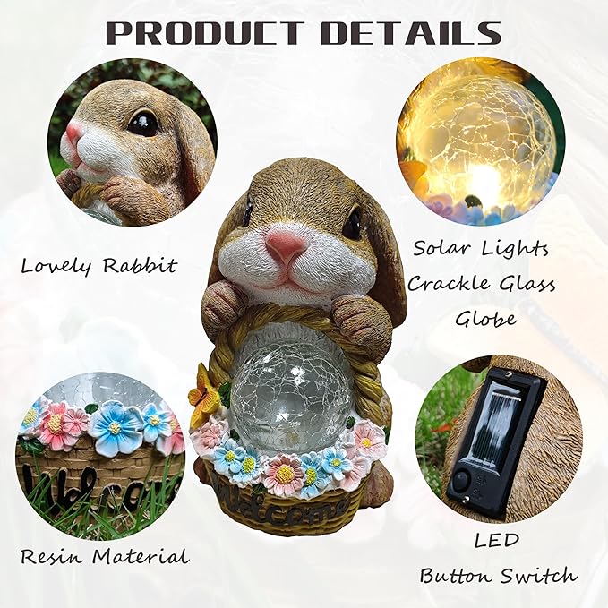 Solar Rabbit Garden Outdoor Statues,Resin Rabbit Figurine Carrying Flower Basket and Magic Orb with Solar LED Lights, Lawn Decor Outdoor Statue for Patio, Balcony, Yard Ornament