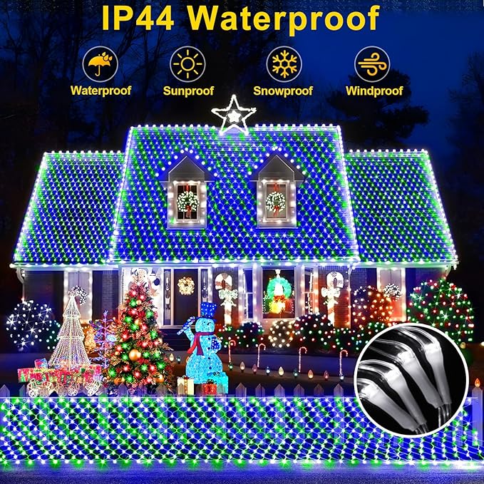 KNONEW Christmas Net Lights 360 LEDs 13ft x 9.8ft Outdoor Mesh Lights Connectable Waterproof 8 Modes & Timer Plug-in Net Fairy Lights for Bushes Garden Party Wedding Holiday,Blue and Green
