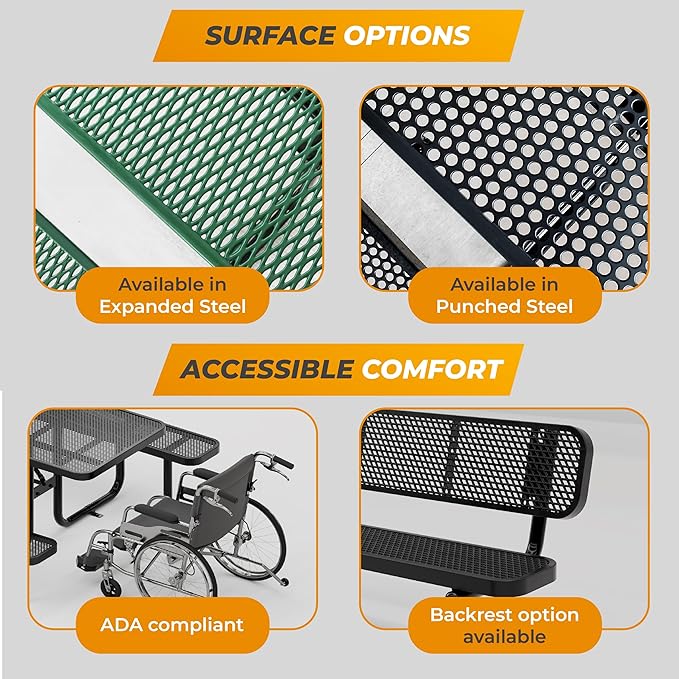 Metal Picnic Tables for Outdoors with Umbrella Hole - Coated Steel Heavy Duty Commercial Grade Table with Adjustable Seats (Green, 46 in, Square with Back, Expanded Steel)