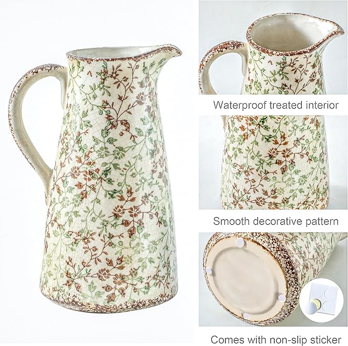 Enra Pitcher vase with Handle,12.2 in Ceramic Vintage Chinoiserie Floral Vase,Green and Beige Decorative Flower vase,Large Rustic Vases for Home Decors, Living Room, Bookshelf, Office